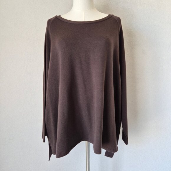 EUC EILEEN FISHER Terry Fleece Lined Raglan Sleeve Boxy Tunic Top Tencel Brown - Picture 2 of 12